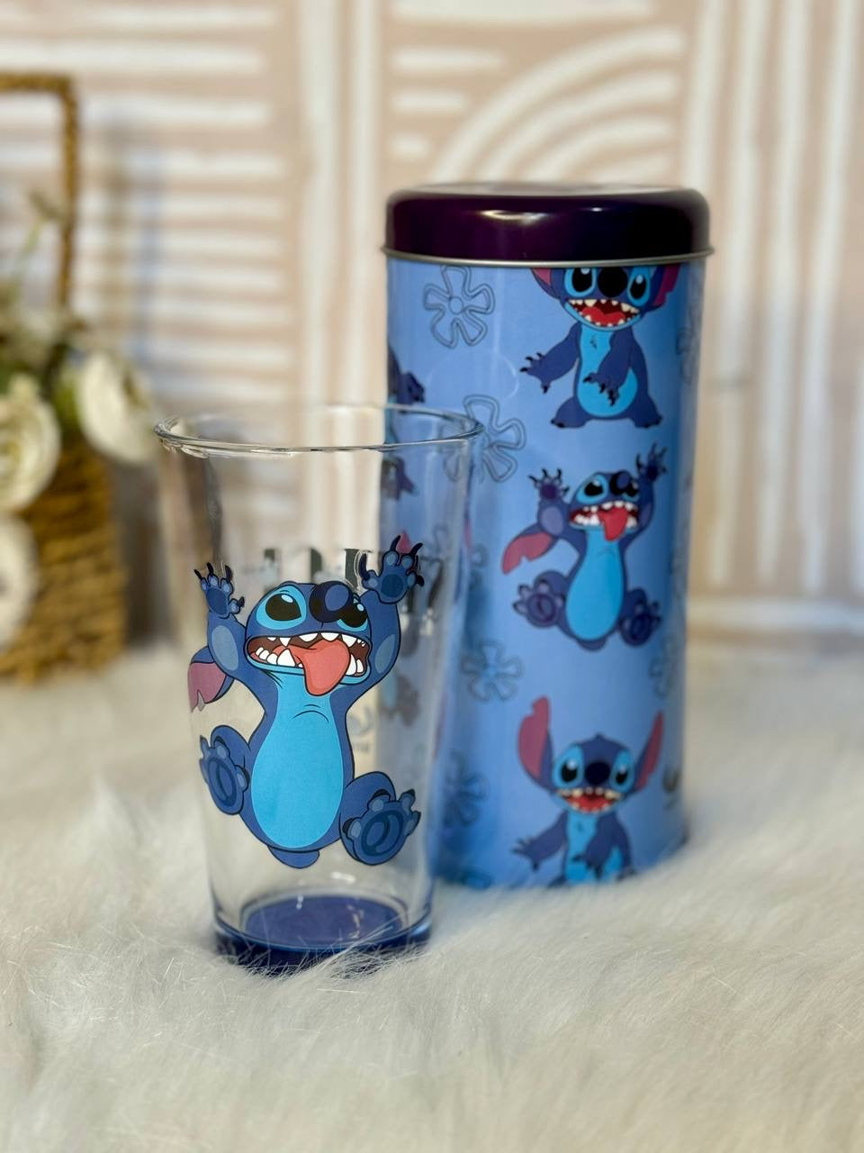 Alcancia metálica con vaso de vidrio stitch