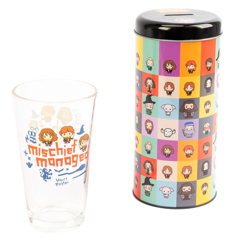 Alcancia metálica con vaso de vidrio Harry Potter
